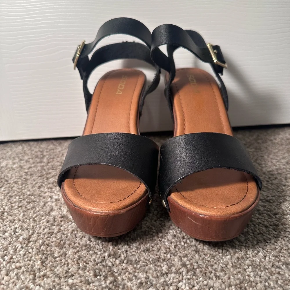 Soda Black and Tan Wedge Sandals